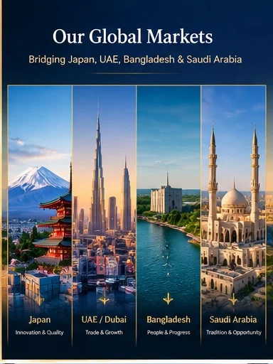 Skylines of Japan, UAE, Bangladesh and Saudi Arabia