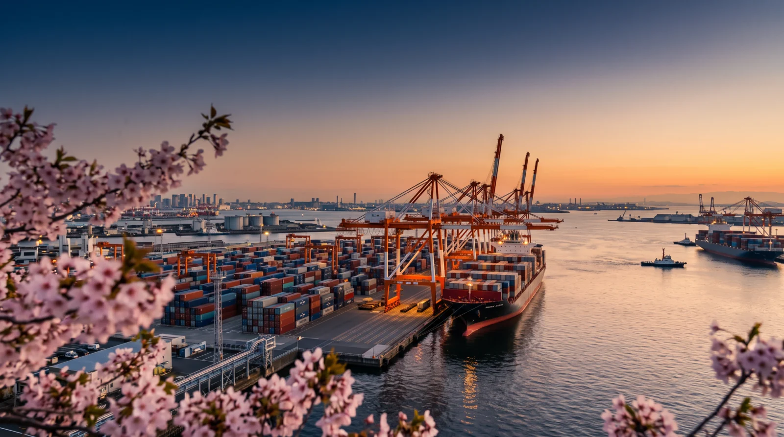 Container port in Kawasaki Bay at golden hour
